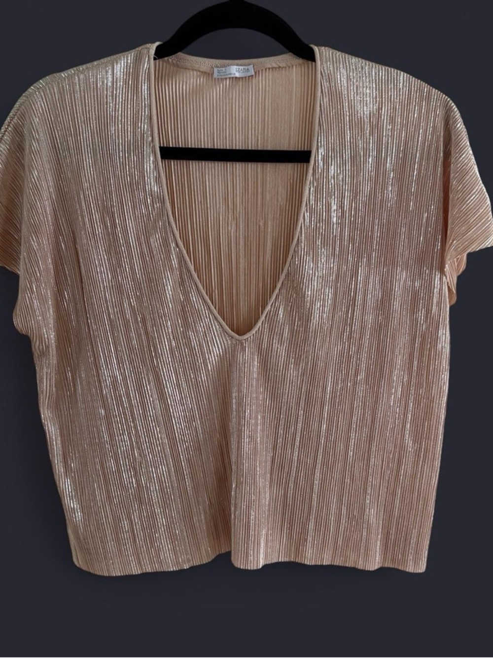 Zara Metallic Pleated V-Neck Short Sleeve Top - Champagne Blush